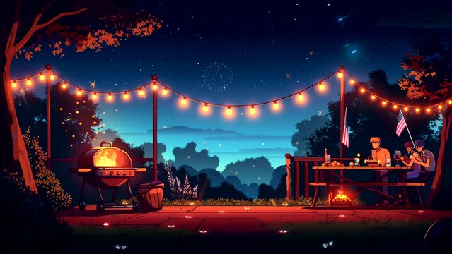 Outdoor barbecue party at night with bright lights on American Independence Day, July 4th. Looping time-lapse video background.