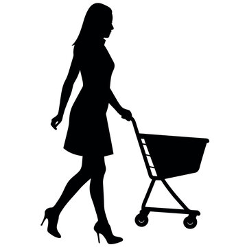 recommend clip art: A woman Walking with Shopping cart vector silhouette, a shopping card holding a shopping cart silhouette.
