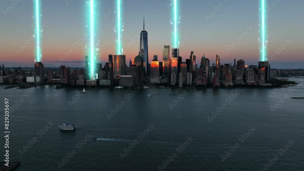 Poster digital data beams over new york city skyline at dusk. smart city concept with vibrant blue data str