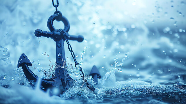 An anchor stuck in the water with a chain hanging down, splashing waves, a blurred background, blue tones, macro photography.