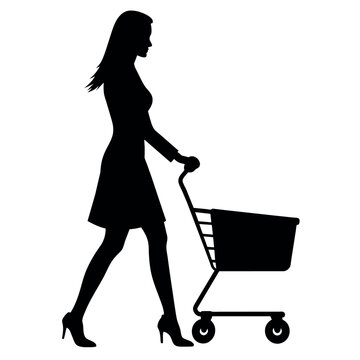 recommend clip art: A woman Walking with Shopping cart vector silhouette, a shopping card holding a shopping cart silhouette.