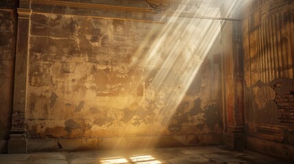 Daylight illuminating an ancient living room with a grunge wall, perfect for showcasing