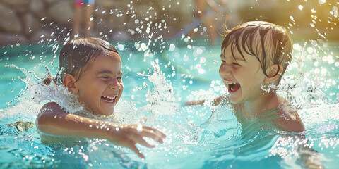 Two children giggle as they splash each other with water in a crystal clear turquoise pool on a sunny day