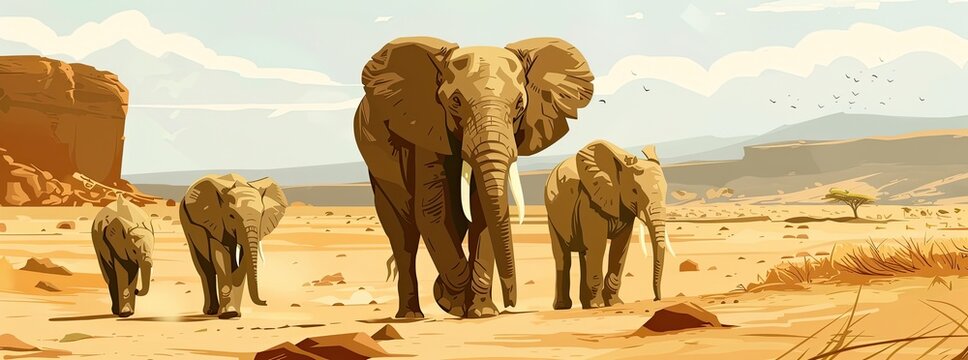 Illustrate a family of elephants mourning the loss of a loved one in a desert wasteland