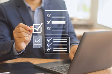 man answer and fill out survey questionnaire online form  , electronic feedback data  concept
