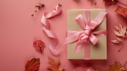 A gift box tied with a ribbon bow, placed on a flat lay solid color background with tropical leaves and dried flowers, offering space for copy.