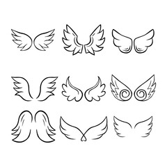 Set of Black Line Drawing Wings on White Background. Vector illustration.