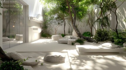 Fototapeta premium A serene outdoor space with white furniture and minimalist landscaping, providing a peaceful retreat for relaxation and meditation.