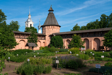 View of the towers and walls of the Spaso-Evfimiev Monastery and the Apothecary garden on the territory of the architectural and museum complex on a sunny summer day, Suzdal, Vladimir region, Russia