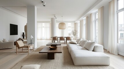 Clean and minimalist interior design featuring white walls and neutral furnishings, creating an elegant and timeless aesthetic for residential and commercial spaces.