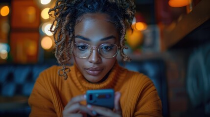 Fototapeta premium young black woman with glasses and surprised expression on face holds up mobile phone at home.