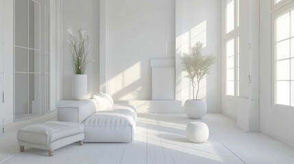 Clean and minimalist interior design featuring white walls and neutral furnishings, creating an elegant and timeless aesthetic for residential and commercial spaces.