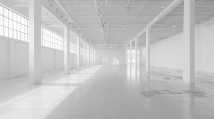 Empty white warehouse interior with clean, open space and a pristine white background, emphasizing the vast, uncluttered area