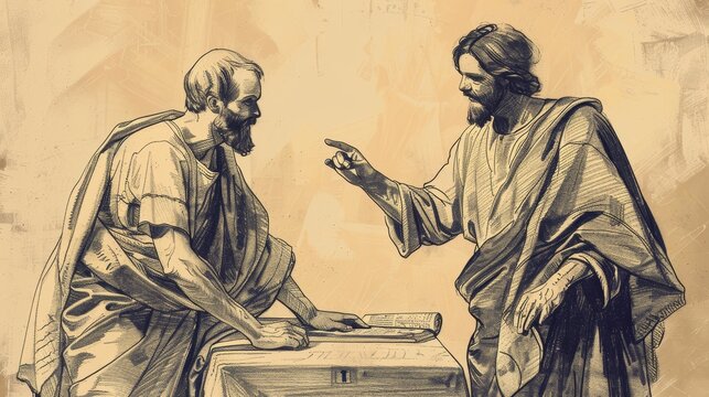 Matthew the Tax Collector Leaving Everything to Follow Jesus, Calling Scene, Biblical Illustration, Beige Background, Copyspace