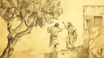 Jesus Calling Zacchaeus Down from Sycamore Tree, Conversion and Visit, Biblical Illustration, Beige Background, Copyspace