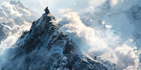 A lone figure sits atop a mountain, their gaze fixed on the breathtaking view below, the clouds softly brushing against the peaks