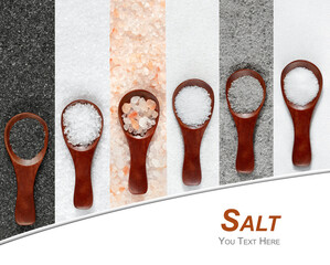 Collage of various types of salt on wooden spoons. Himalayan, sea and kitchen salt. Saline background palette. Space for text.