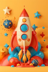 Obraz premium Vibrant flat design space exploration, colorful planets, rockets, stars, futuristic elements, minimalistic