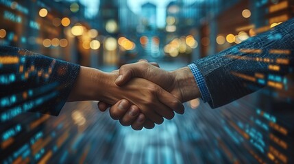 Hands entwined in a professional handshake, with a background of a high-tech boardroom and transparent digital graphs illustrating market trends,