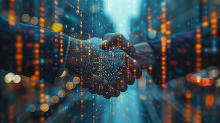 A close-up of hands in a handshake, with an overlay of digital data visualizations indicating financial growth and business milestones,