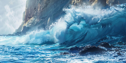 An icy blue ocean waves crash against the rugged coastline, spraying saltwater into the air