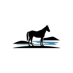 silhouette horse with hills and river lake illustration
