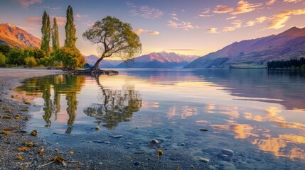 Lake Wanaka at sunrise is a sight to behold, with the famous Wanaka tree set against the serene lake and towering mountains. This scenic view is a gem of New Zealand's South Island