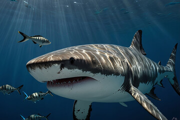 Stunning professional photograph of a white shark in the deep blue ocean. 
