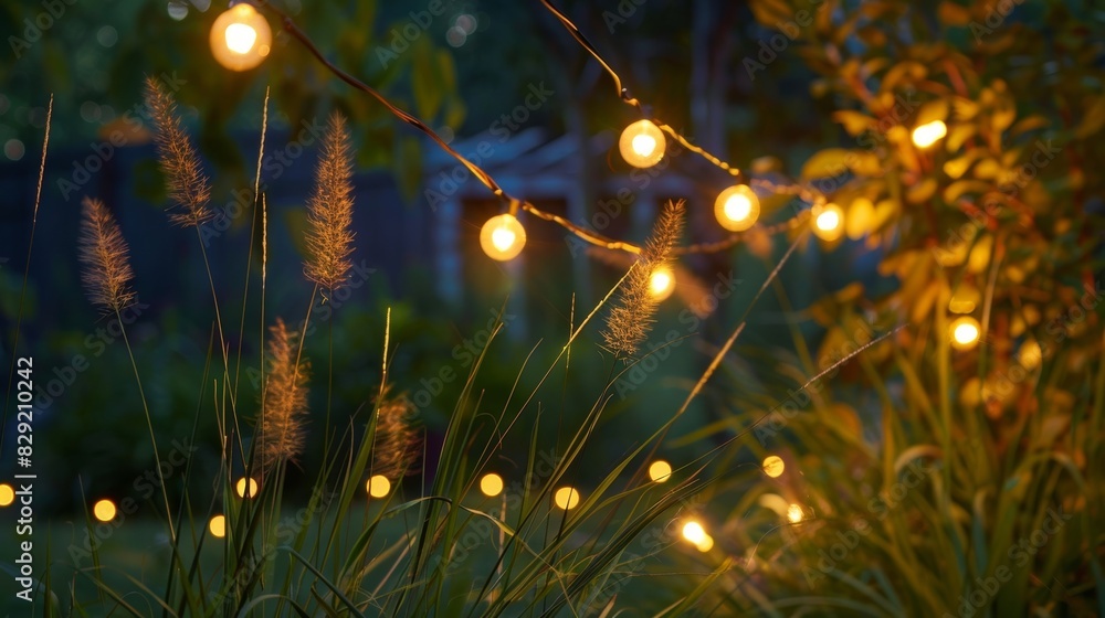 Poster the soft glow of string lights weaving through the tall grass creating a cozy atmosphere.