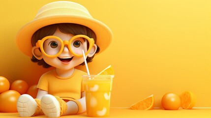 3D character baby boy wearing sunglasses and straw hat drinking orange juice, copy space on the right side, yellow background In the style of unknown artist