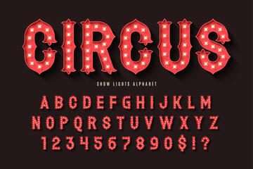 Retro circus alphabet design, cabaret, fairy LED lamps letters and numbers. © Aleksandr