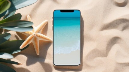 Photo of a blank smartphone mockup on the beach with sunglasses and starfish against a summer background