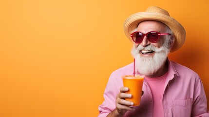 Vibrant and colorful summer concept with a happy old man in a hat and sunglasses sipping an orange juice or cocktail on a pastel background A trendy hipster senior person enjoying