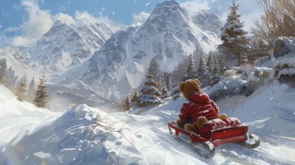 With a cuddly teddy bear in hand, a child enjoys a thrilling sled ride through the snow, soaking in the festive atmosphere of Christmas celebration