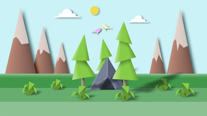 Landscape with a tent on a lawn with trees, grass, mountains, sun, birds and clouds. Paper origami crafted world. Vector illustration.