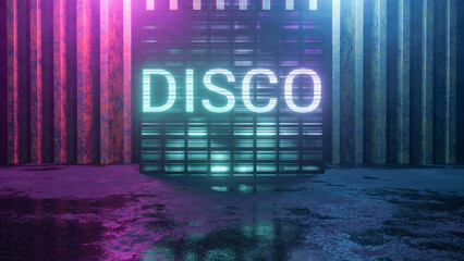 The Disco Is A Bright Holographic Inscription On An Old Wall. 80s Retro Style. Fashion Design For...