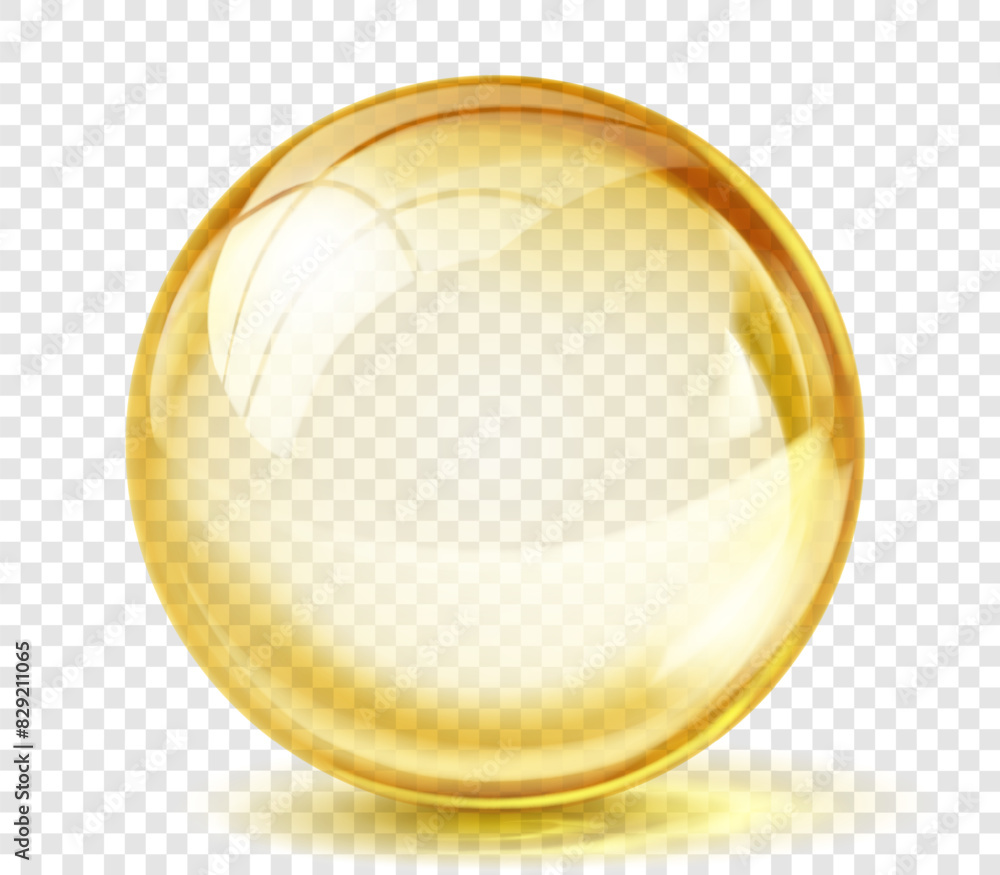 Wall mural large translucent shiny sphere of yellow color with glare and shadow on transparent background. vect