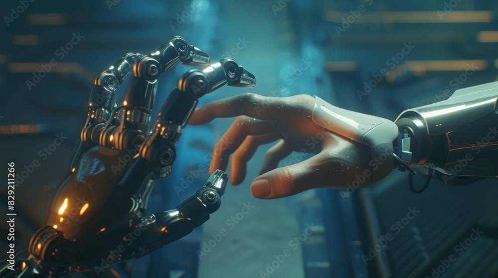 Poster within the metaverse, the connected hands of a human and a robot highlight the technological shift