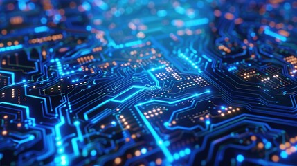 Obraz premium Dynamic blue circuit board closeup: Visualizing cyber security and data flow