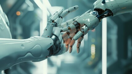 Within the metaverse, the connected hands of a human and a robot highlight the technological shift