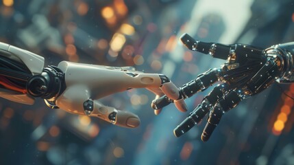 Within the metaverse, the connected hands of a human and a robot highlight the technological shift
