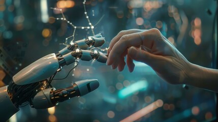Within the metaverse, the connected hands of a human and a robot highlight the technological shift