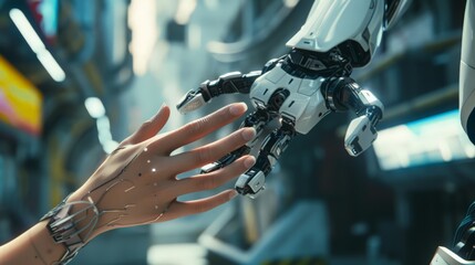 Within the metaverse, the connected hands of a human and a robot highlight the technological shift