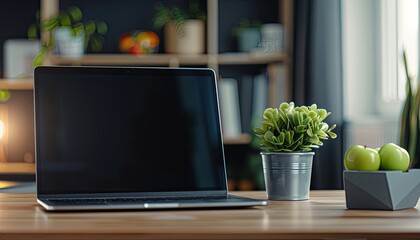 A laptop is open on a wooden desk with a potted plant and a bowl of apples