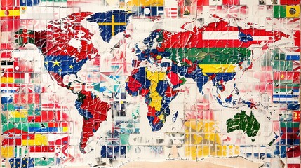 Dynamic mosaic of world flags merging into a global map, symbolizing unity and diversity
