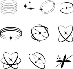 Abstract retro futuristic elements, minimalist shapes, aesthetic line frames, brutalism style. Geometric ornaments with sparkles for clip art, template social media, poster, banner, logo, sticker