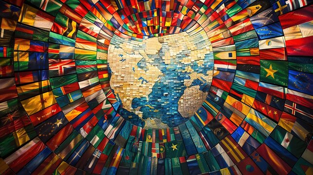 Dynamic mosaic of world flags merging into a global map, symbolizing unity and diversity