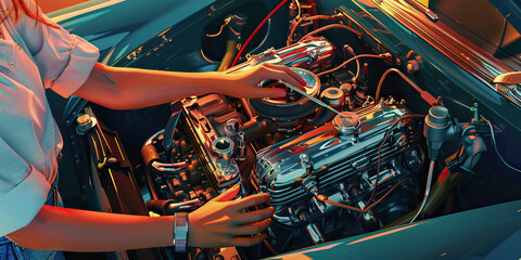 A skilled mechanic repairs a classic car, her hands moving swiftly and expertly over the engine