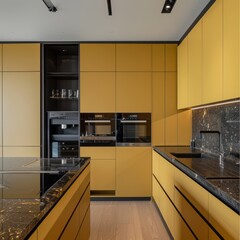Fototapeta premium Modern yellow kitchen with matte yellow cabinets, dark granite countertops, and integrated appliances