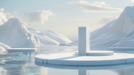 Water and Ice in the Style of Minimalist Stage Designs, with White Square Stand in Background, Realistic Landscapes with Soft, Tonal Colors, Circular Shapes